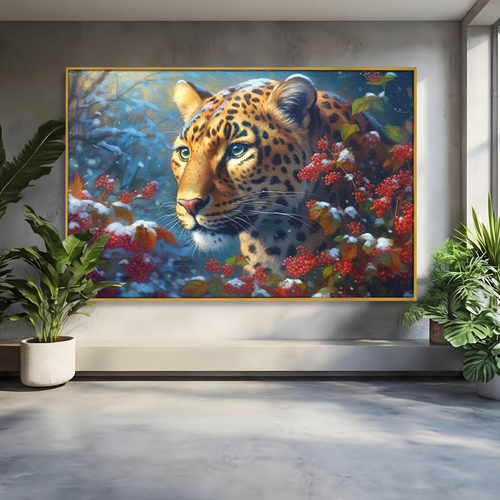 Tablou canvas cu tablou canvas cu jaguar in zapada, in rama de aluminiu auriu